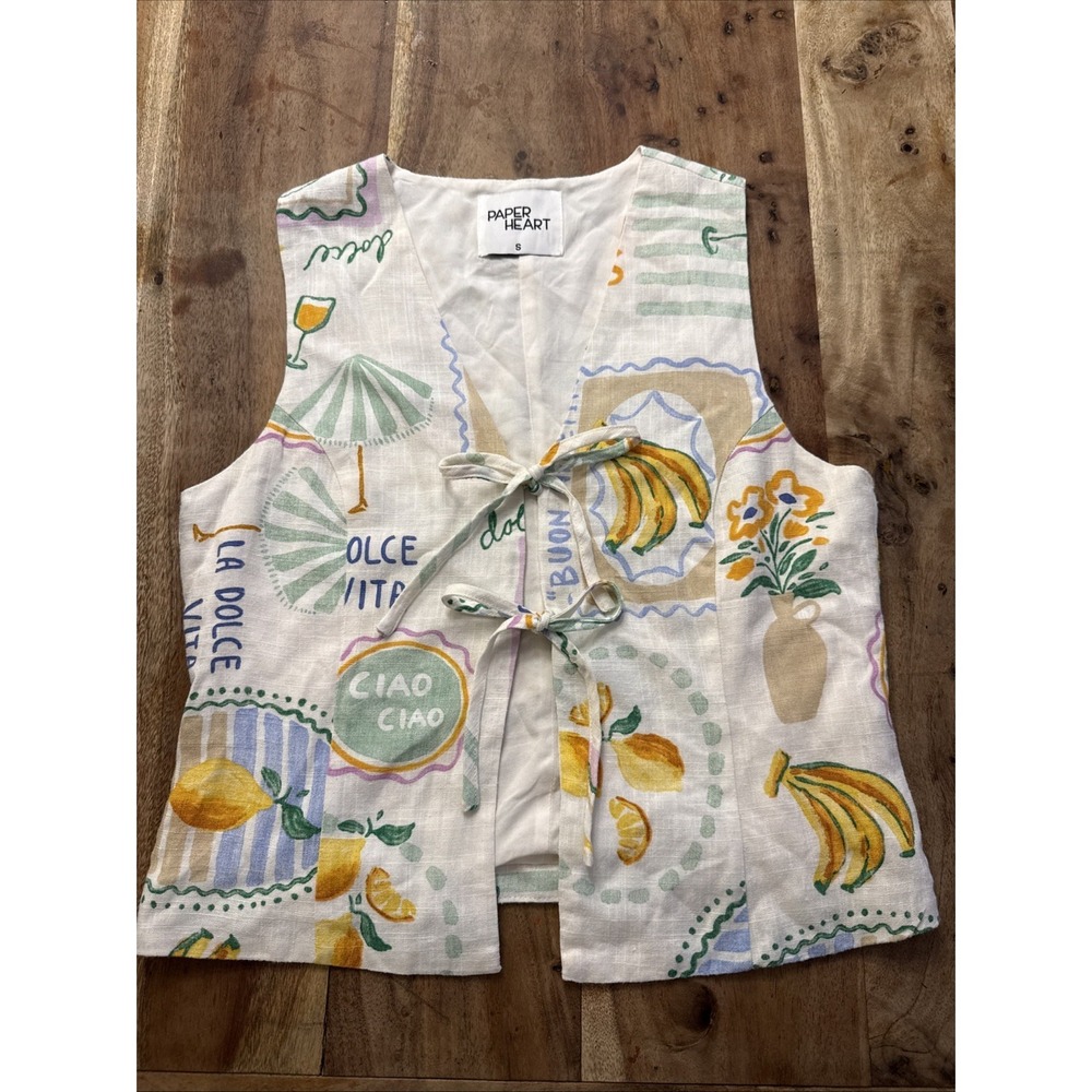 Paper Heart Linen-Blend Fruit Print Tie Front Vest Tank Sz S